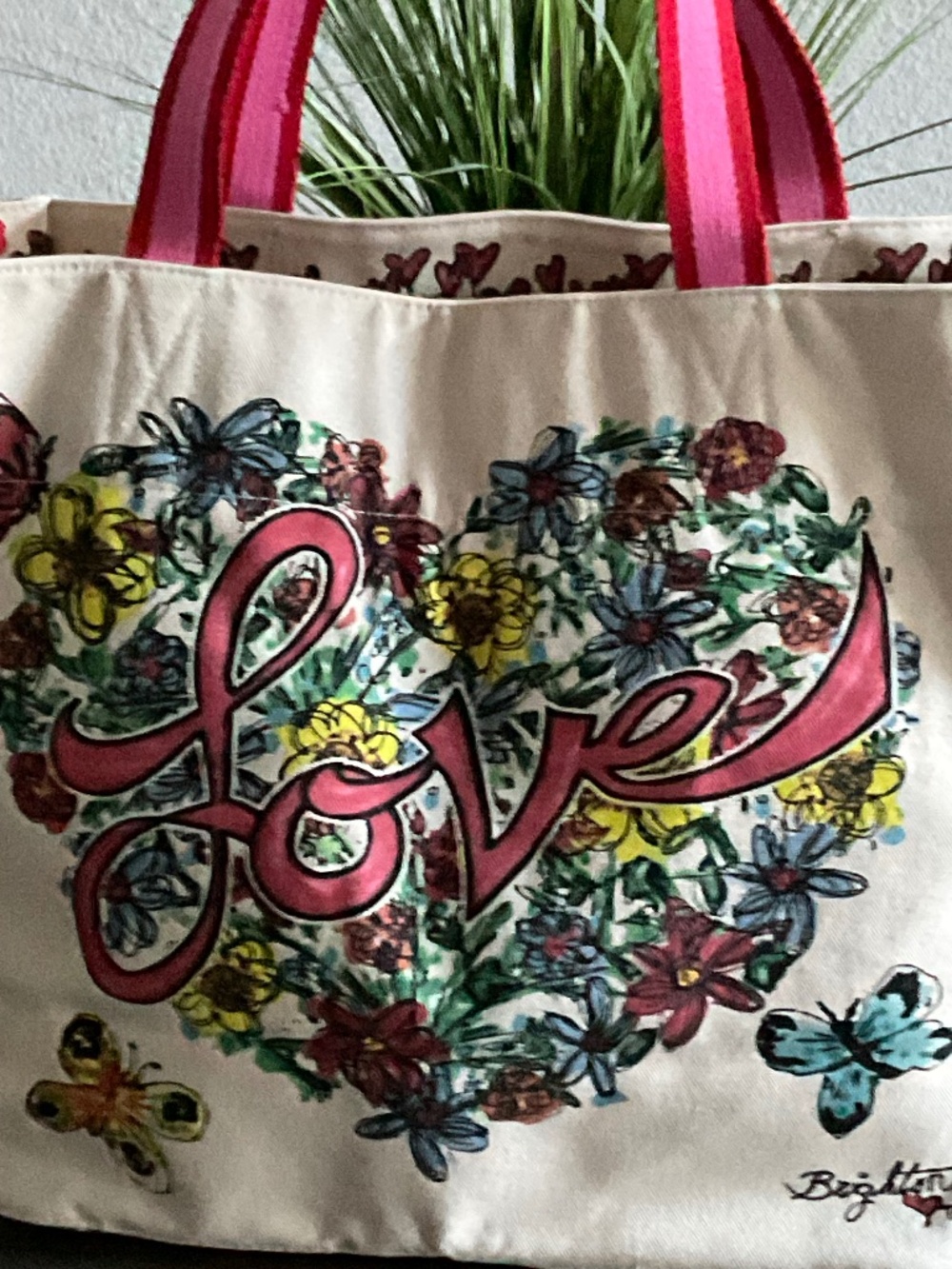 BRIGHTON “Love Tweet” Canvas Large Tote Bag Birds Hearts Butterflies NWOT